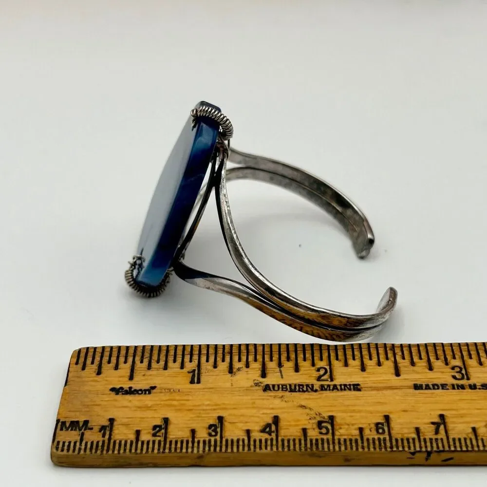 Sterling Silver 925 Blue Agate Cuff Bracelet Vintage Thailand Wire Wrapped